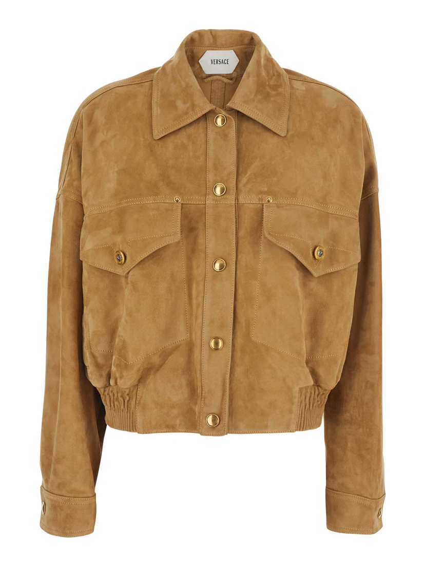 Beige Jacket with pointed collar and logo jewel buttons in suede for men