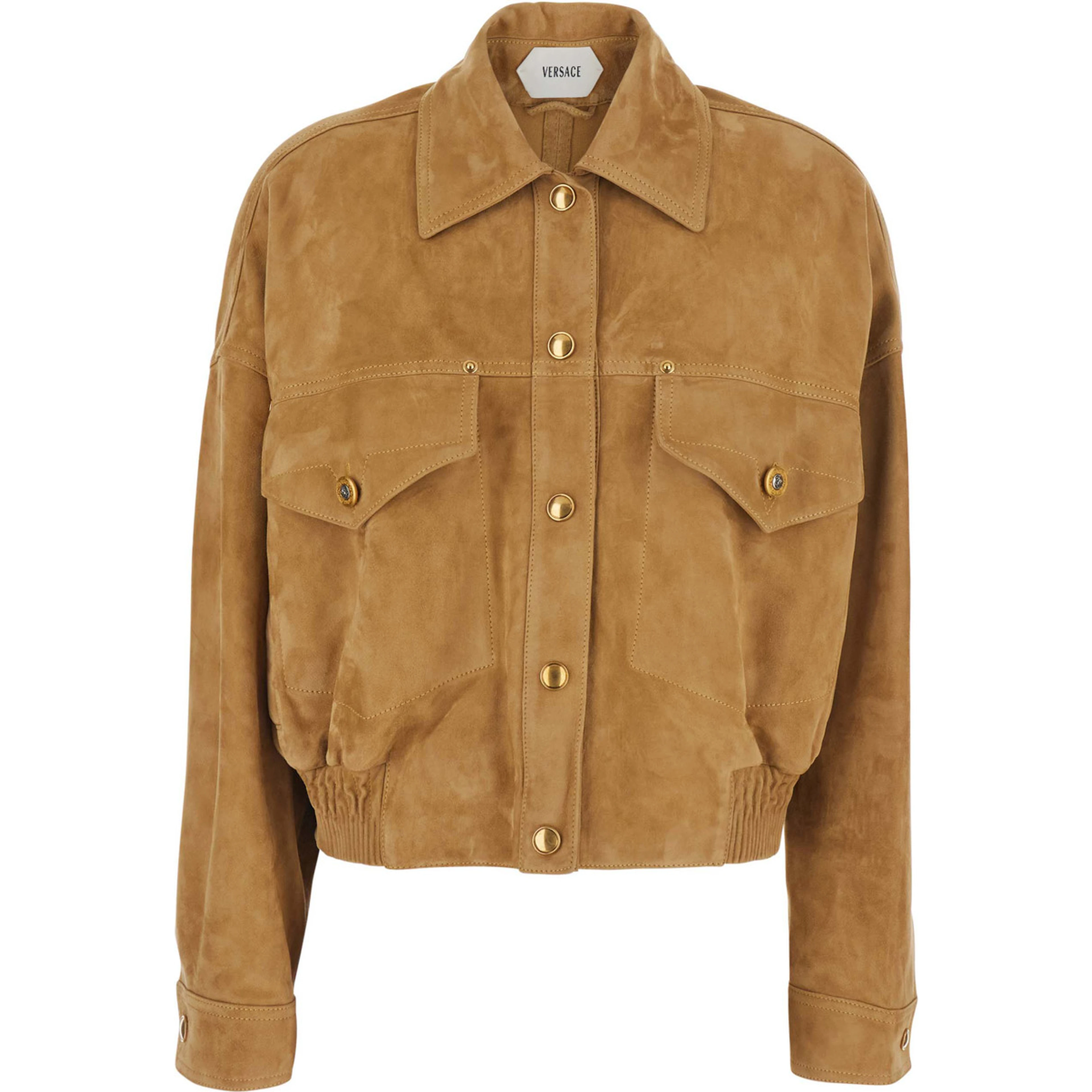 Beige Jacket with pointed collar and logo jewel buttons in suede for men