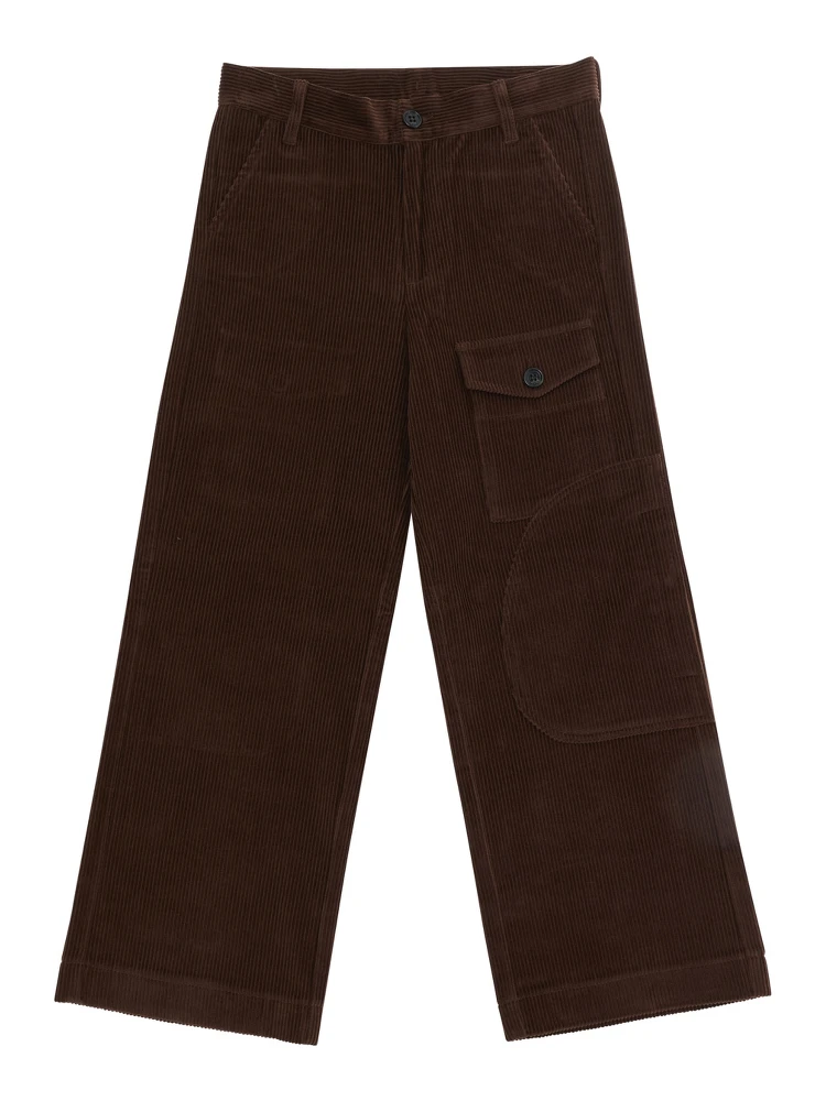 Brown Pants with Front Patch Pocket and Logo Patch on the Back in Corduroy Boy
