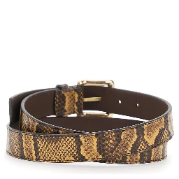 Python Square Belt with leather details and reptile print Brown Unisex