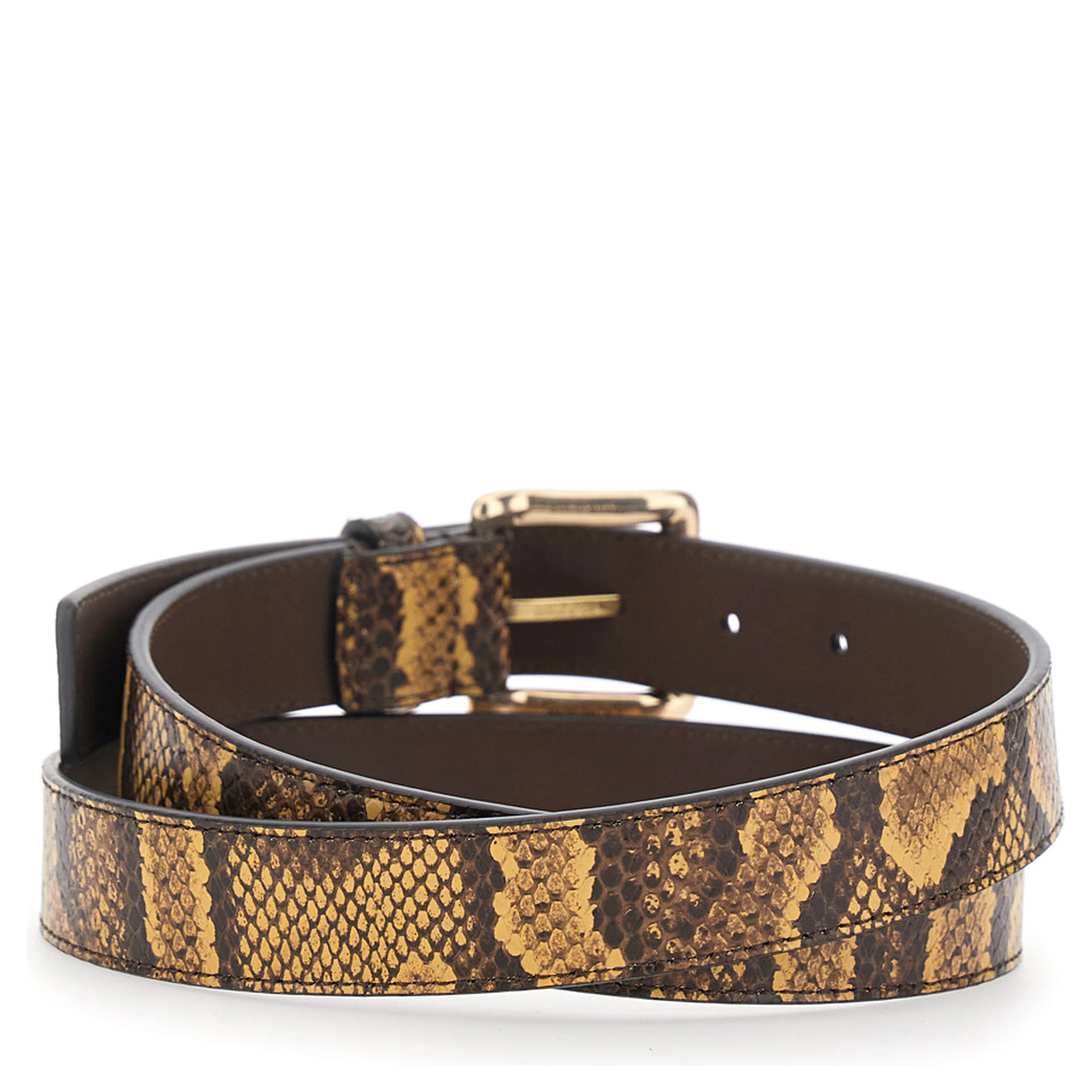Python Square Belt with leather details and reptile print Brown Unisex