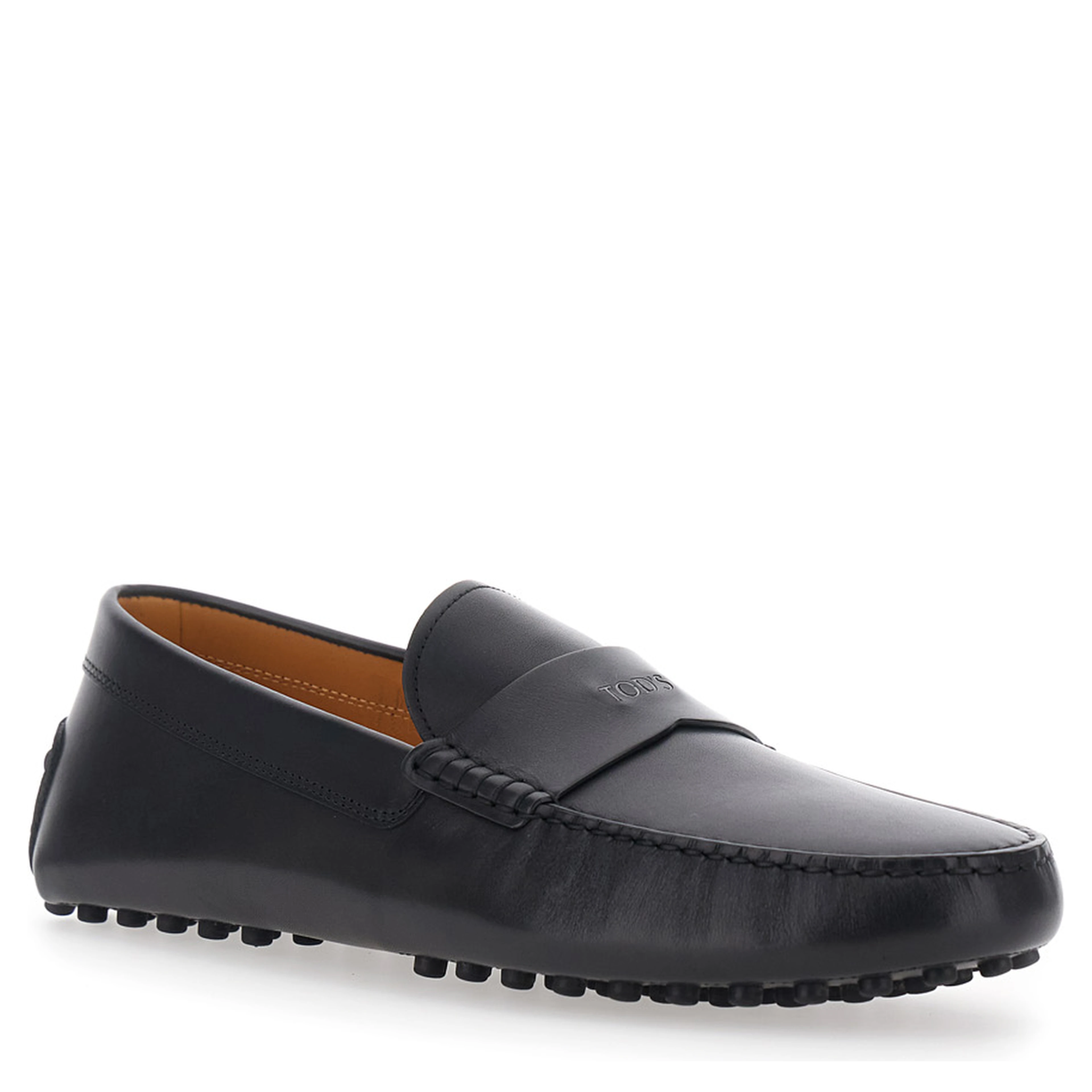 Black loafers with rounded toe and low heel in leather for men