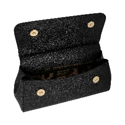 Sicily Small Black Handbag with Adjustable and Removable Shoulder Strap and Logo Plate on the Front in Grained Leather for Women