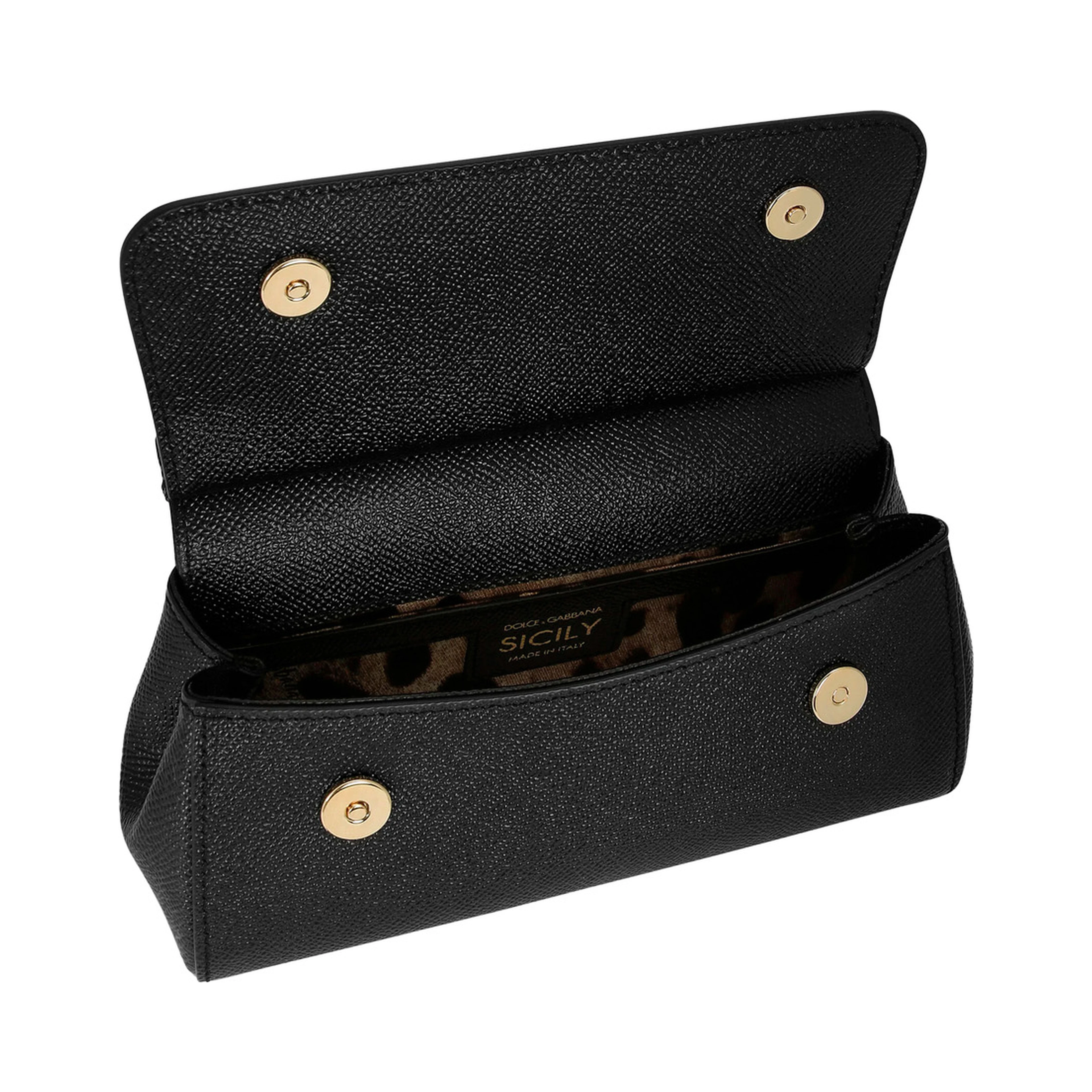 Sicily Small Black Handbag with Adjustable and Removable Shoulder Strap and Logo Plate on the Front in Grained Leather for Women