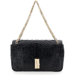 black Crossbody bag with T closure in glossy snake effect leather for women