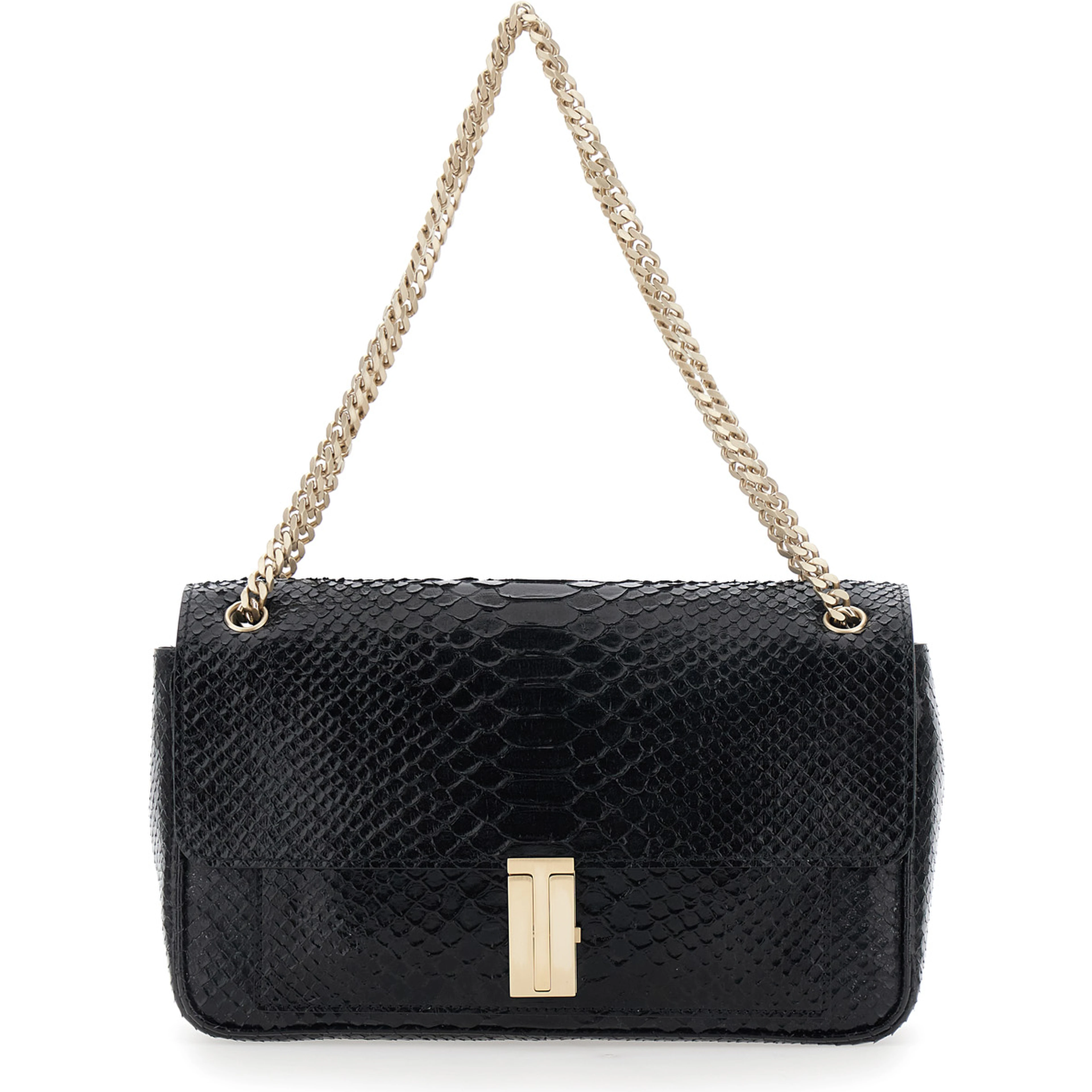 black Crossbody bag with T closure in glossy snake effect leather for women