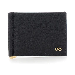 black Wallet with clip and Gancini plaque on the front in leather for men