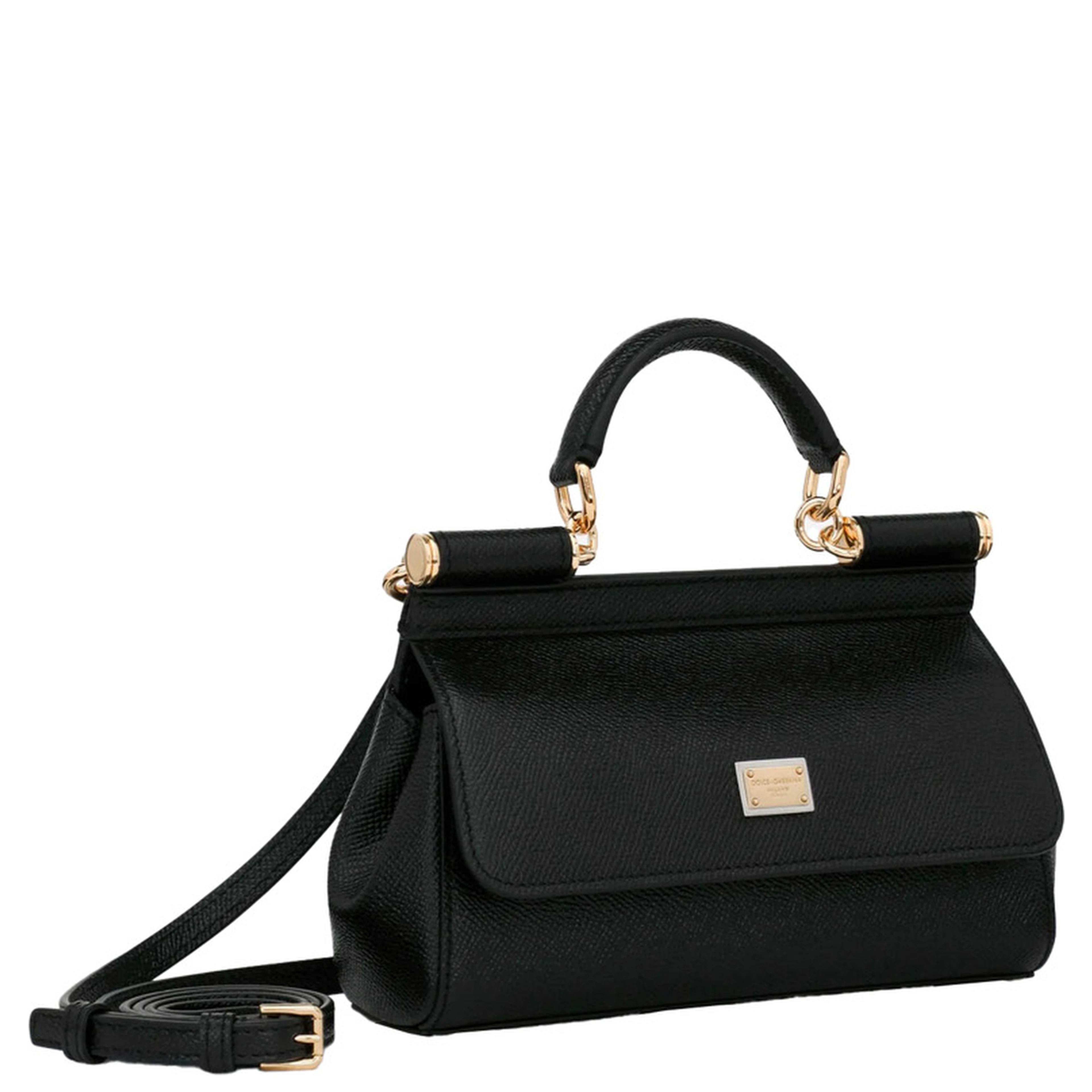 Sicily Small Black Handbag with Adjustable and Removable Shoulder Strap and Logo Plate on the Front in Grained Leather for Women
