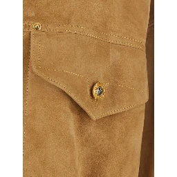 Beige Jacket with pointed collar and logo jewel buttons in suede for men