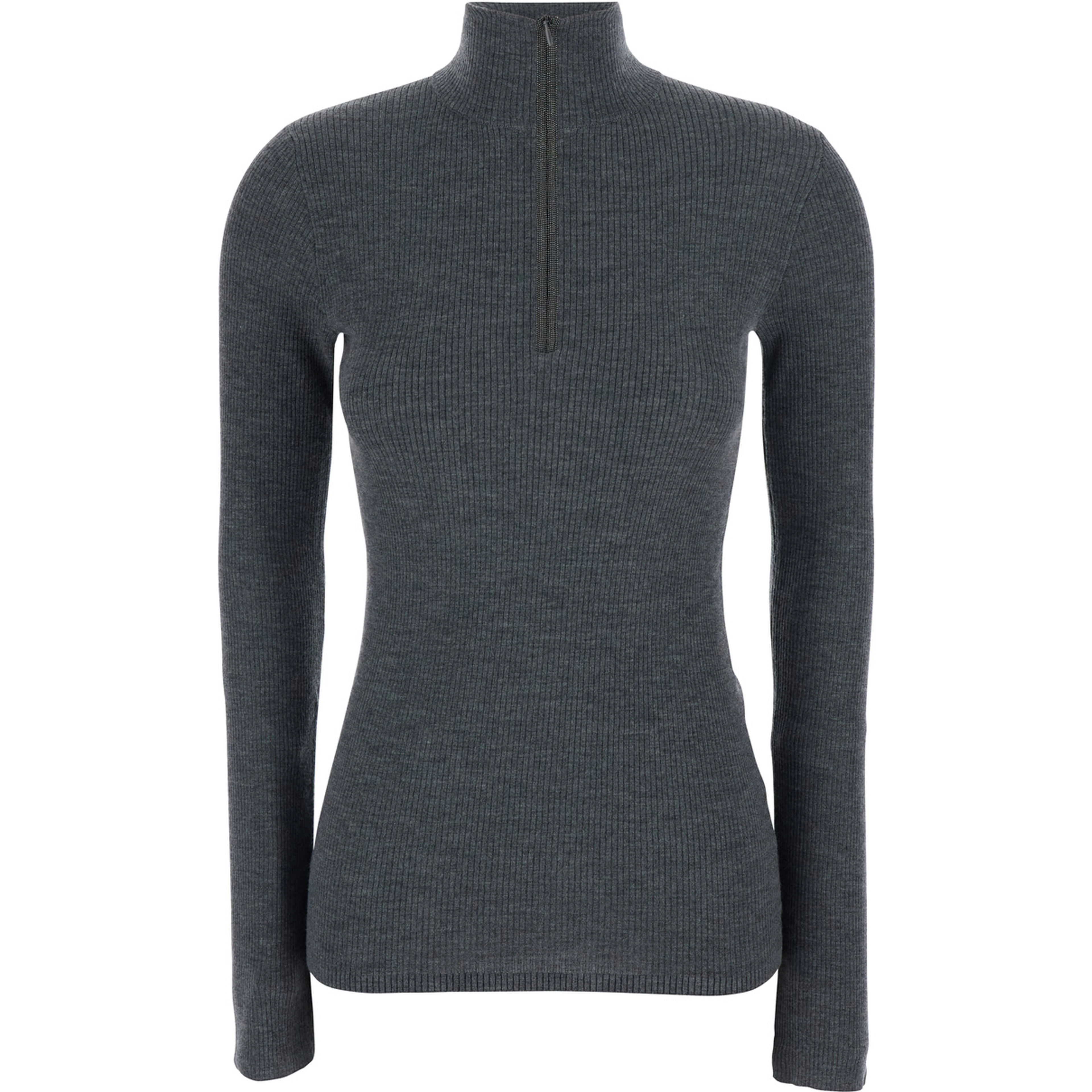 Gray Turtleneck Sweater with Half Zip on the Front in Wool and Cashmere for Women