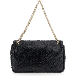black Crossbody bag with T closure in glossy snake effect leather for women