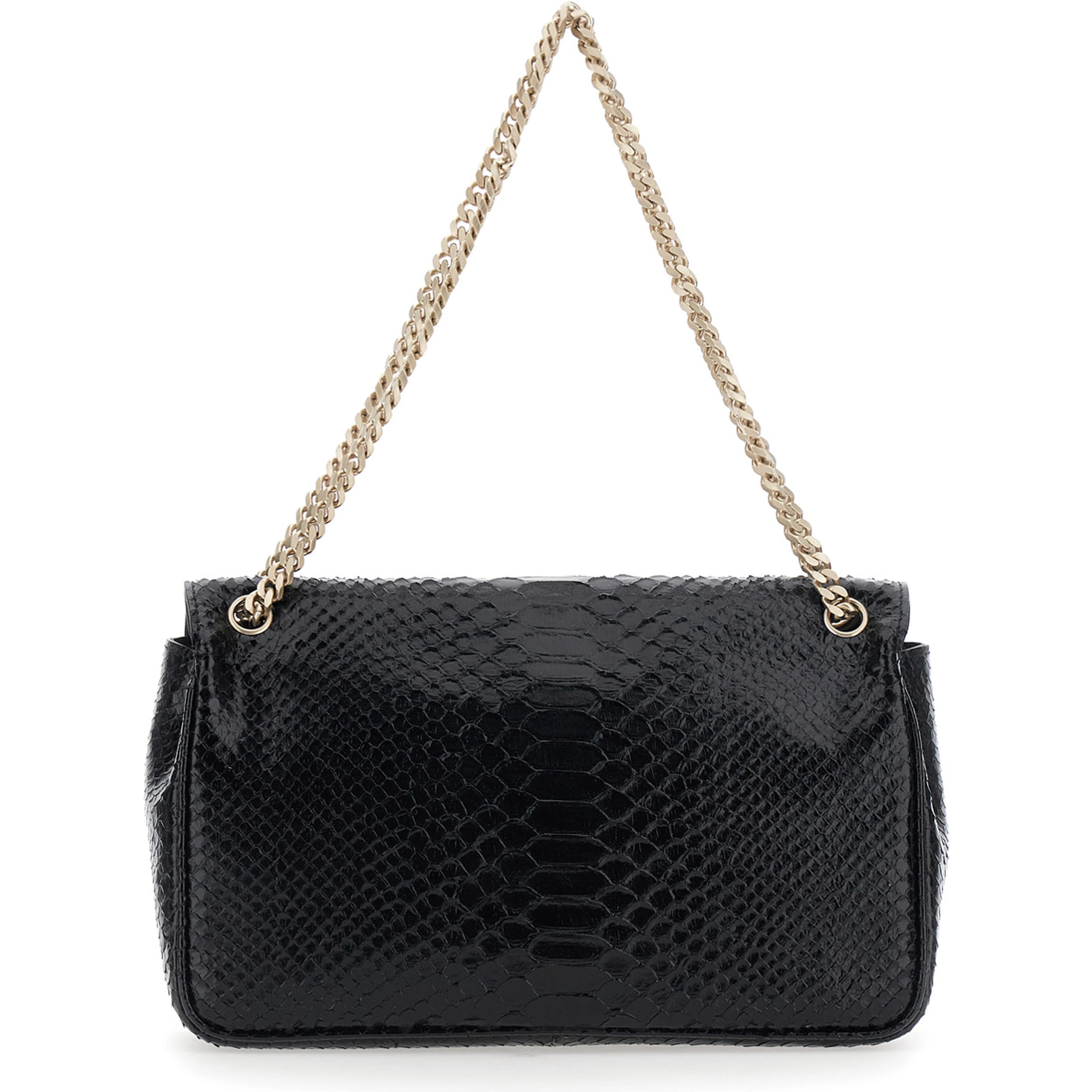 black Crossbody bag with T closure in glossy snake effect leather for women
