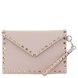 pink Clutch with removable wrist strap and Rockstud decoration in leather for women