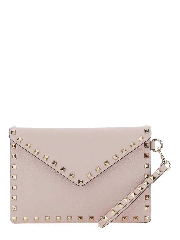 pink Clutch with removable wrist strap and Rockstud decoration in leather for women