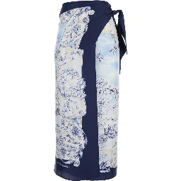 Blue Wraparound Skirt with Drawstring Waist Closure and All-Over Print in Silk for Women