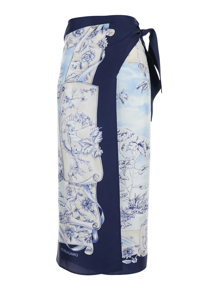 Blue Wraparound Skirt with Drawstring Waist Closure and All-Over Print in Silk for Women