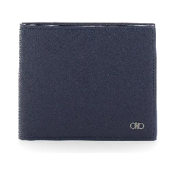Micro Gancini Blue Bi-Fold Wallet with Logo in Grained Leather Men