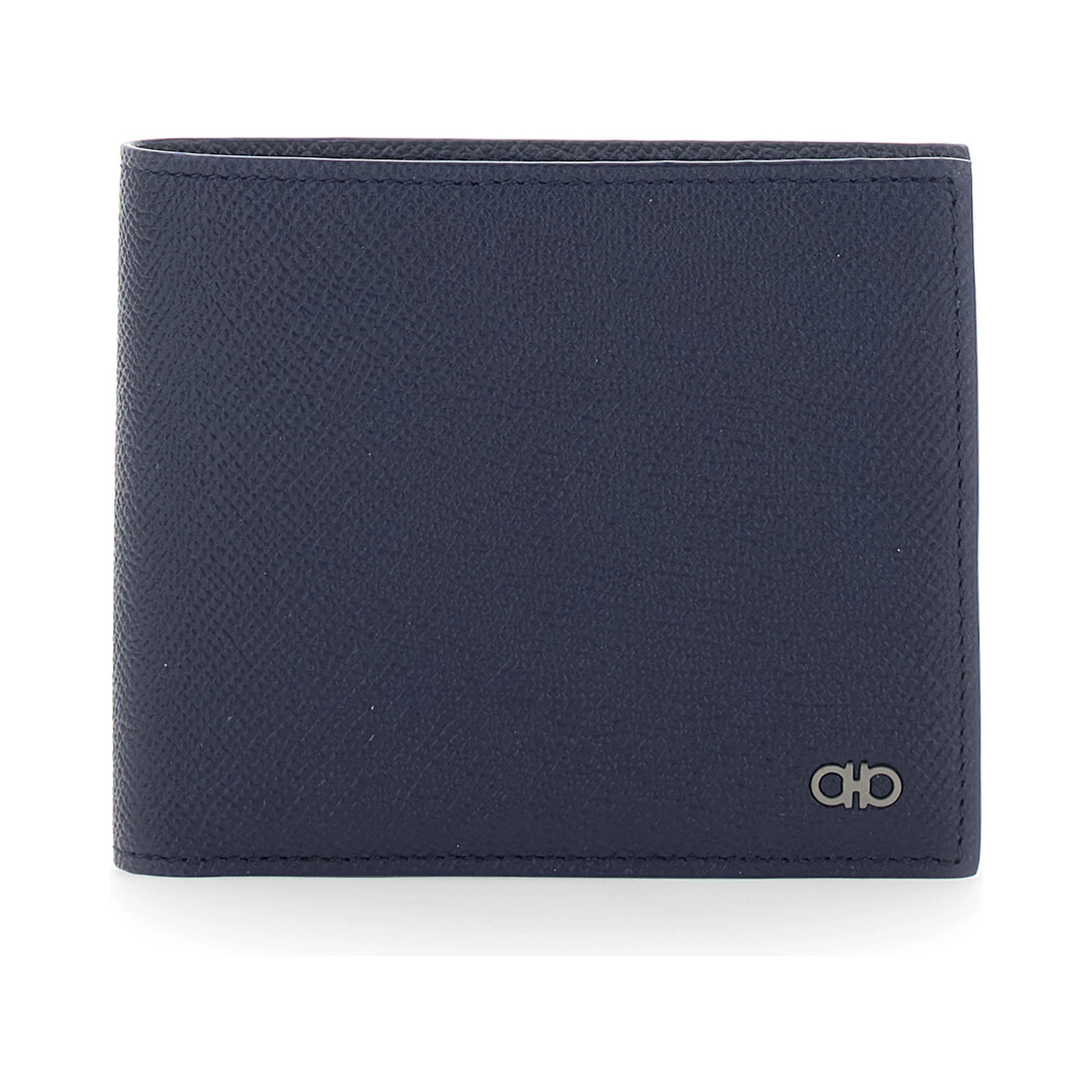 Micro Gancini Blue Bi-Fold Wallet with Logo in Grained Leather Men