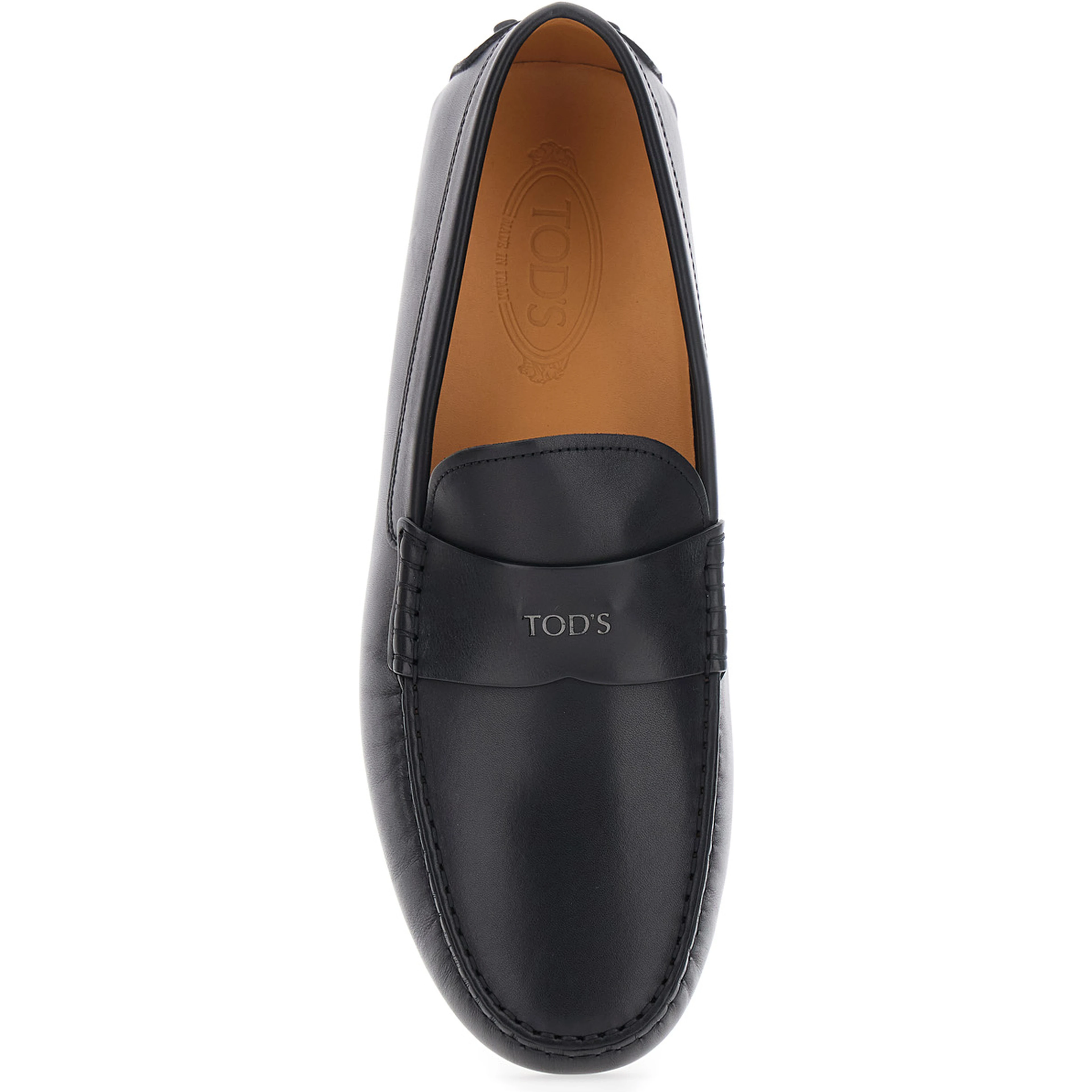 Black loafers with rounded toe and low heel in leather for men