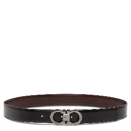 Reversible Belt with Gancini Buckle on the Front in Black Leather for Men