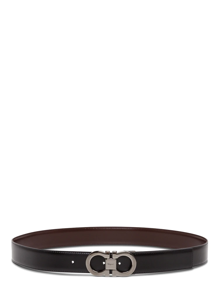 Reversible Belt with Gancini Buckle on the Front in Black Leather for Men