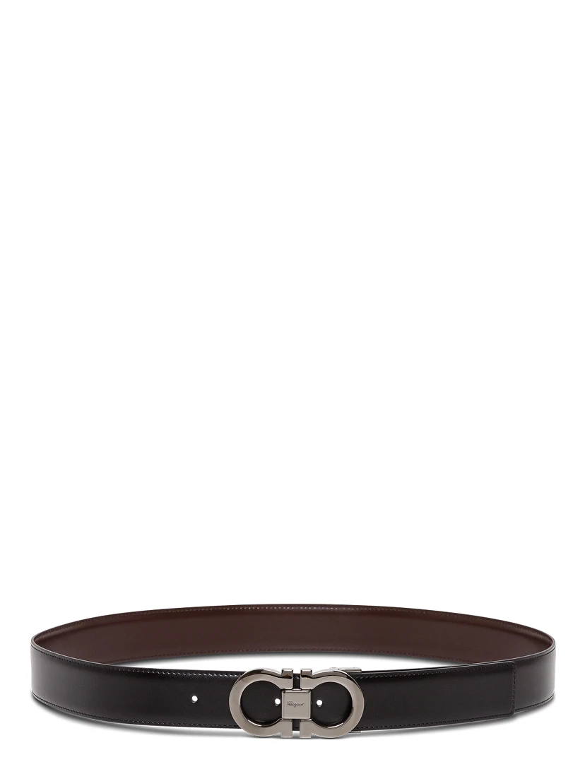 Reversible Belt with Gancini Buckle on the Front in Black Leather for Men