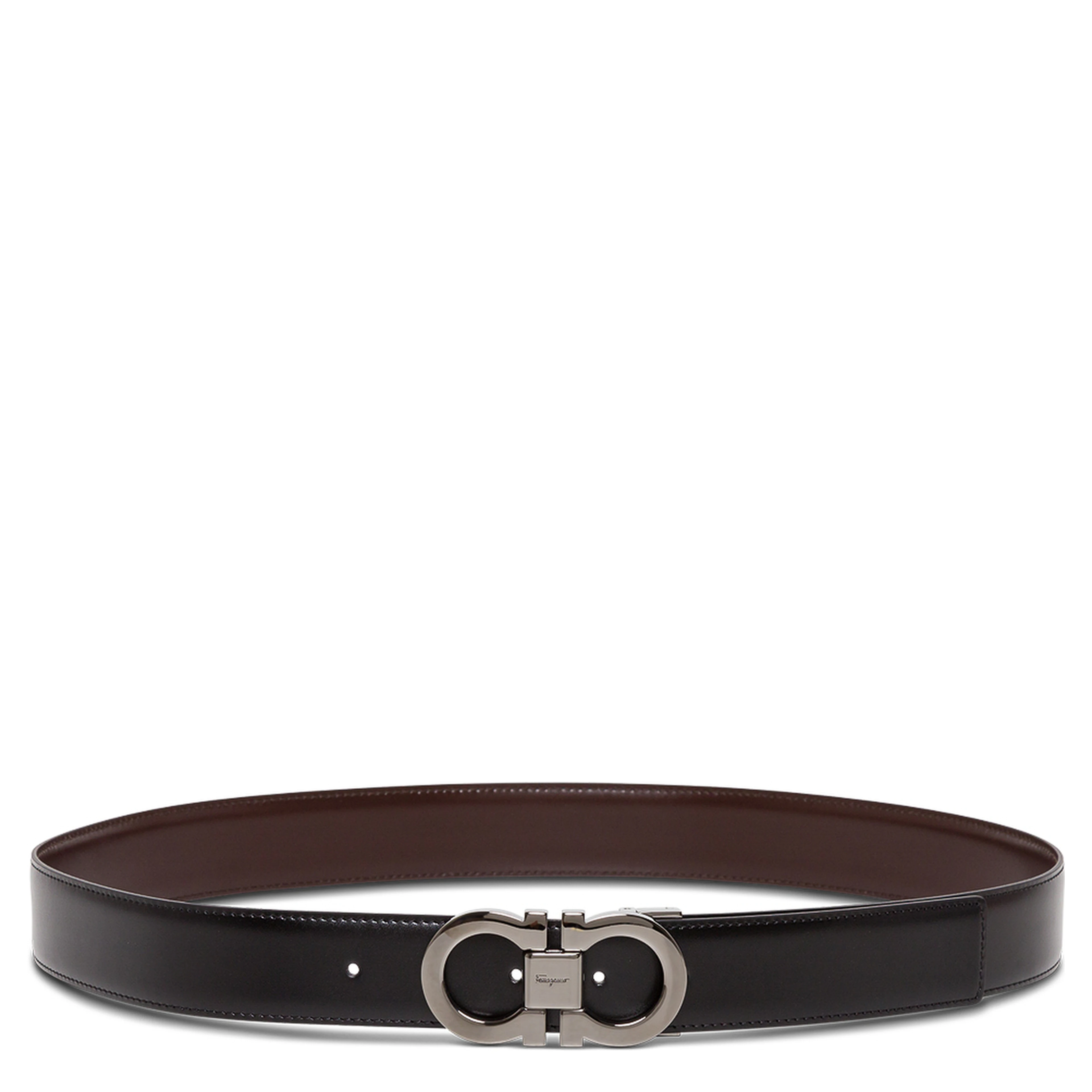 Reversible Belt with Gancini Buckle on the Front in Black Leather for Men