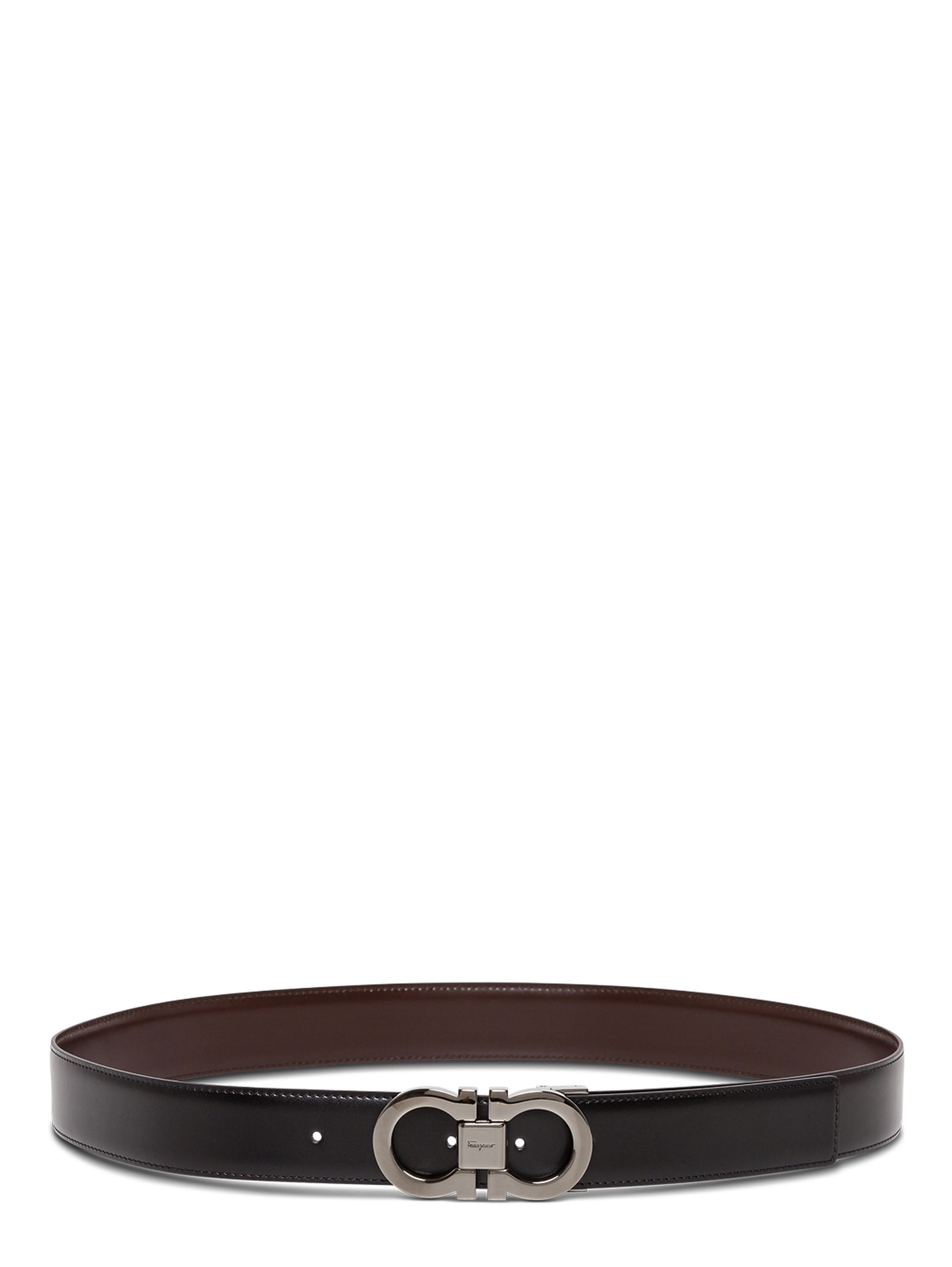 Reversible Belt with Gancini Buckle on the Front in Black Leather for Men