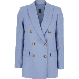 Blue Double-breasted Jacket with Notched Revers in Linen for Women