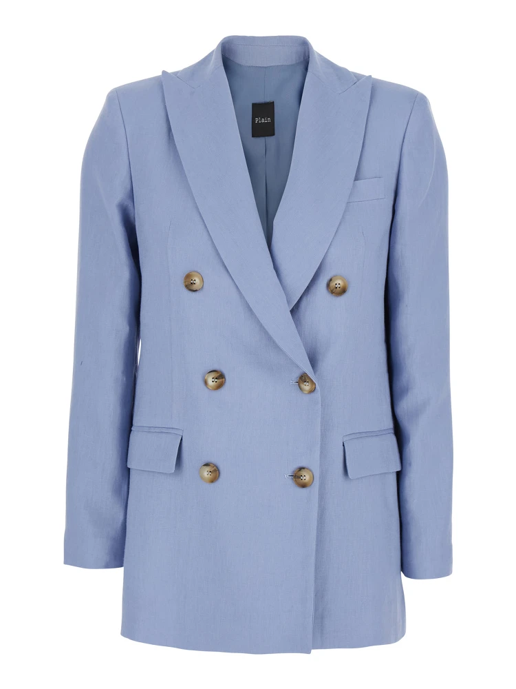 Blue Double-breasted Jacket with Notched Revers in Linen for Women