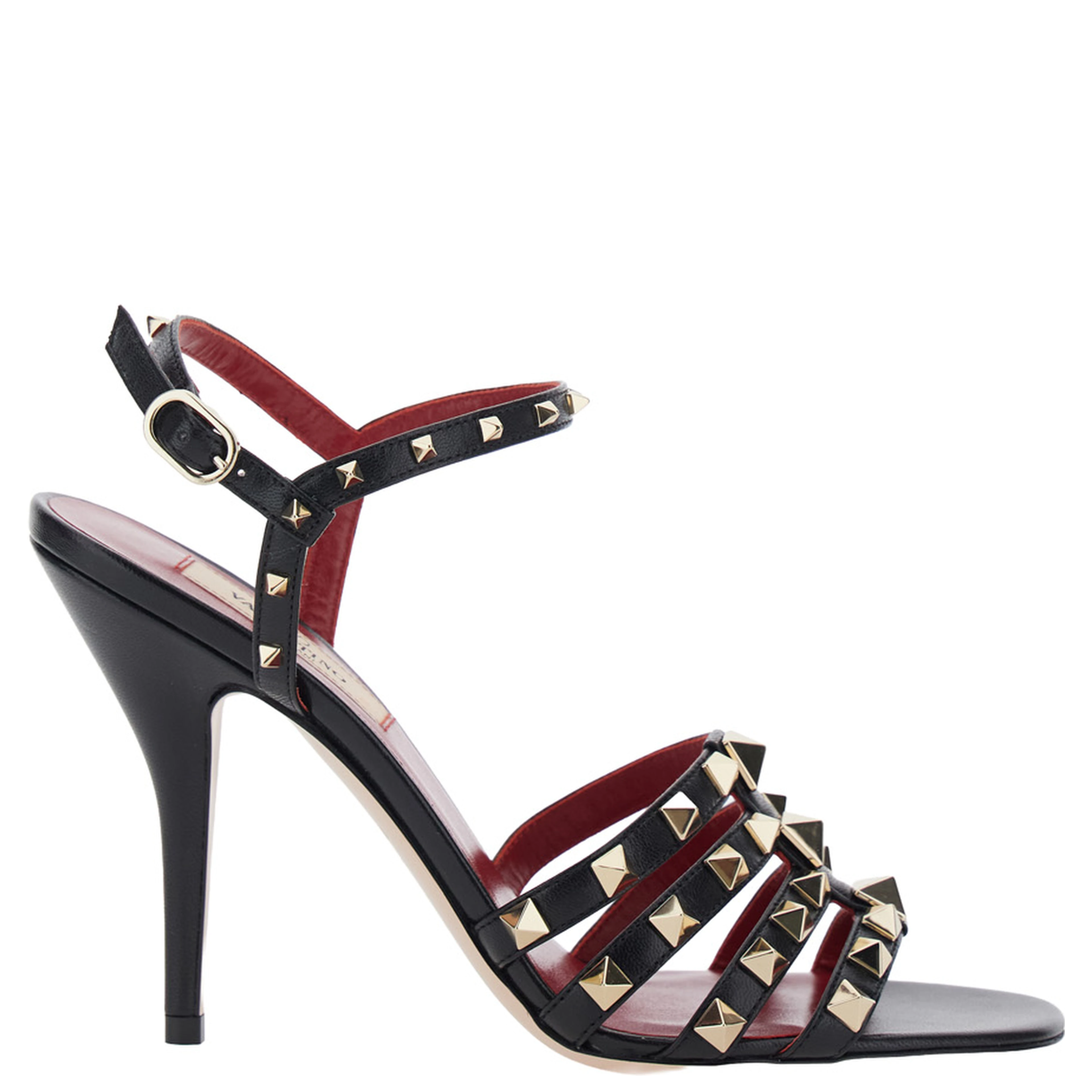 Black Heeled sandals with Rockstud embellishment and high heel in leather for women
