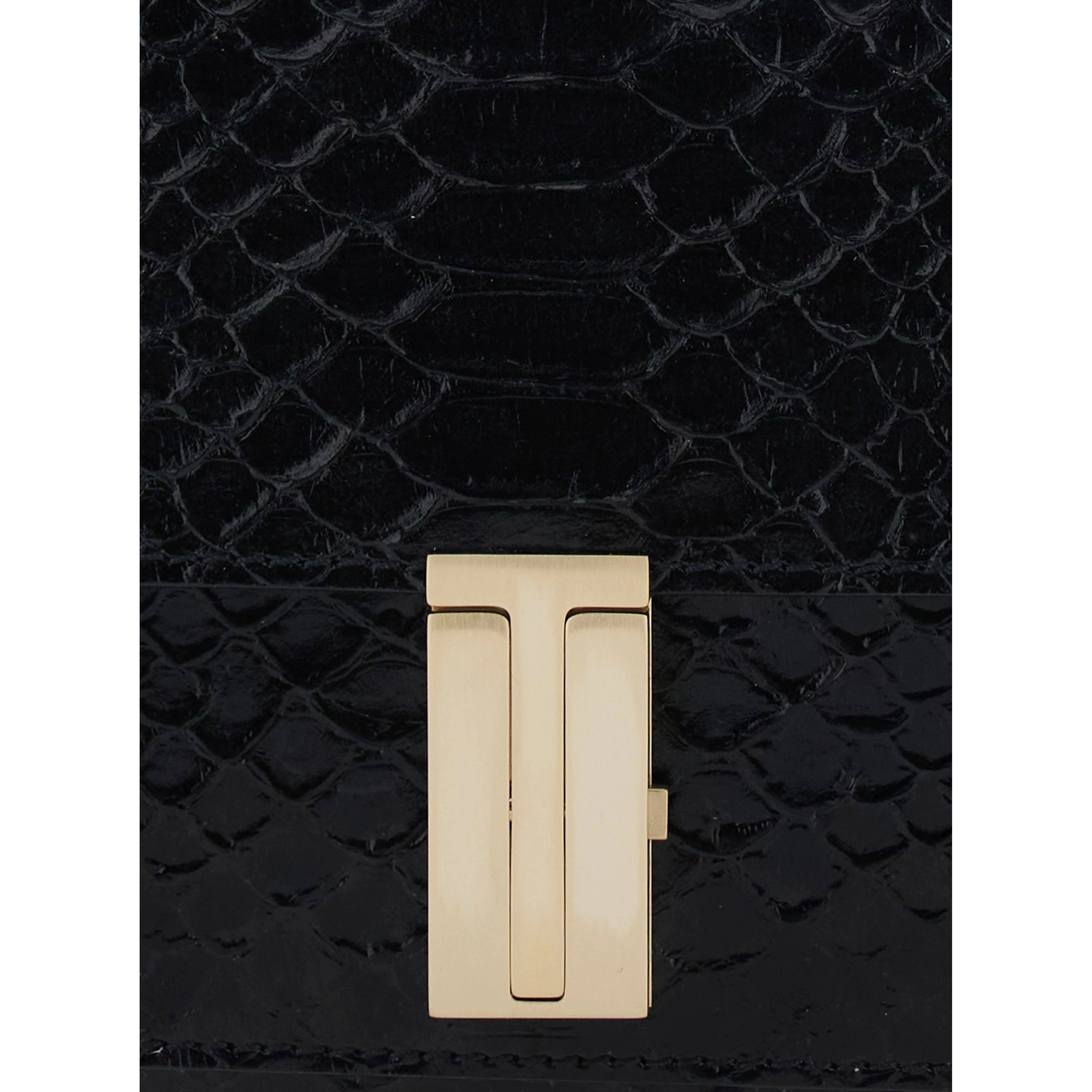 black Crossbody bag with T closure in glossy snake effect leather for women