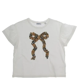 white T-shirt with bow with Check motif embroidered on the front in cotton Girl
