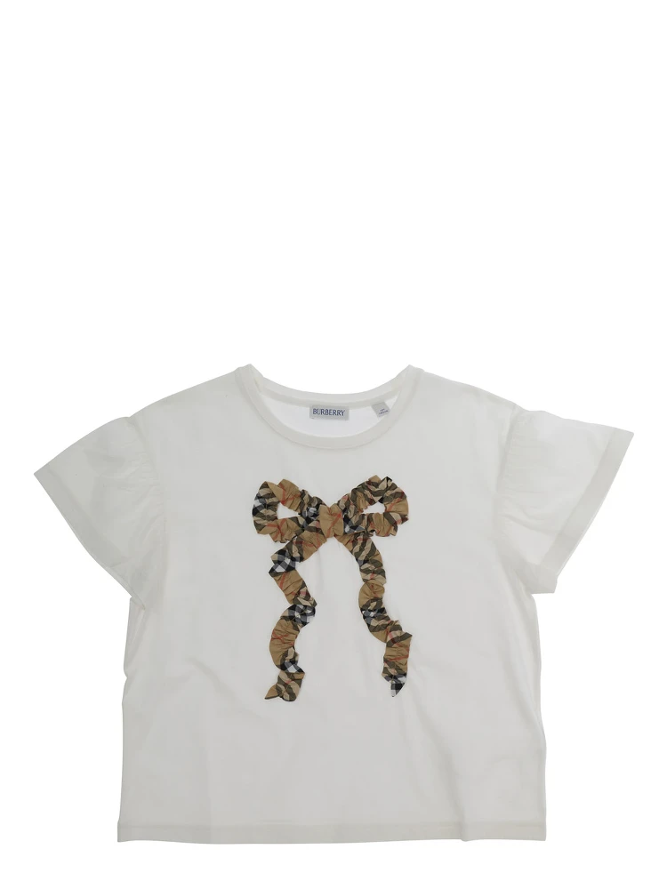 white T-shirt with bow with Check motif embroidered on the front in cotton Girl