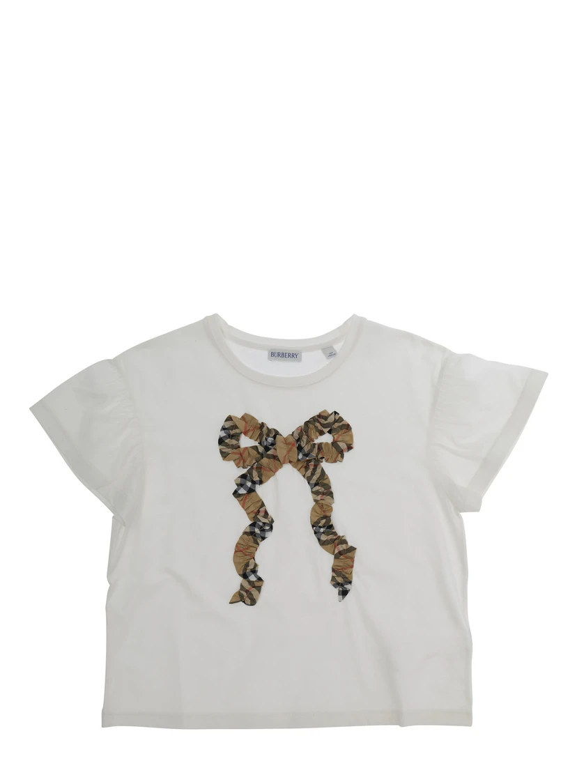 white T-shirt with bow with Check motif embroidered on the front in cotton Girl