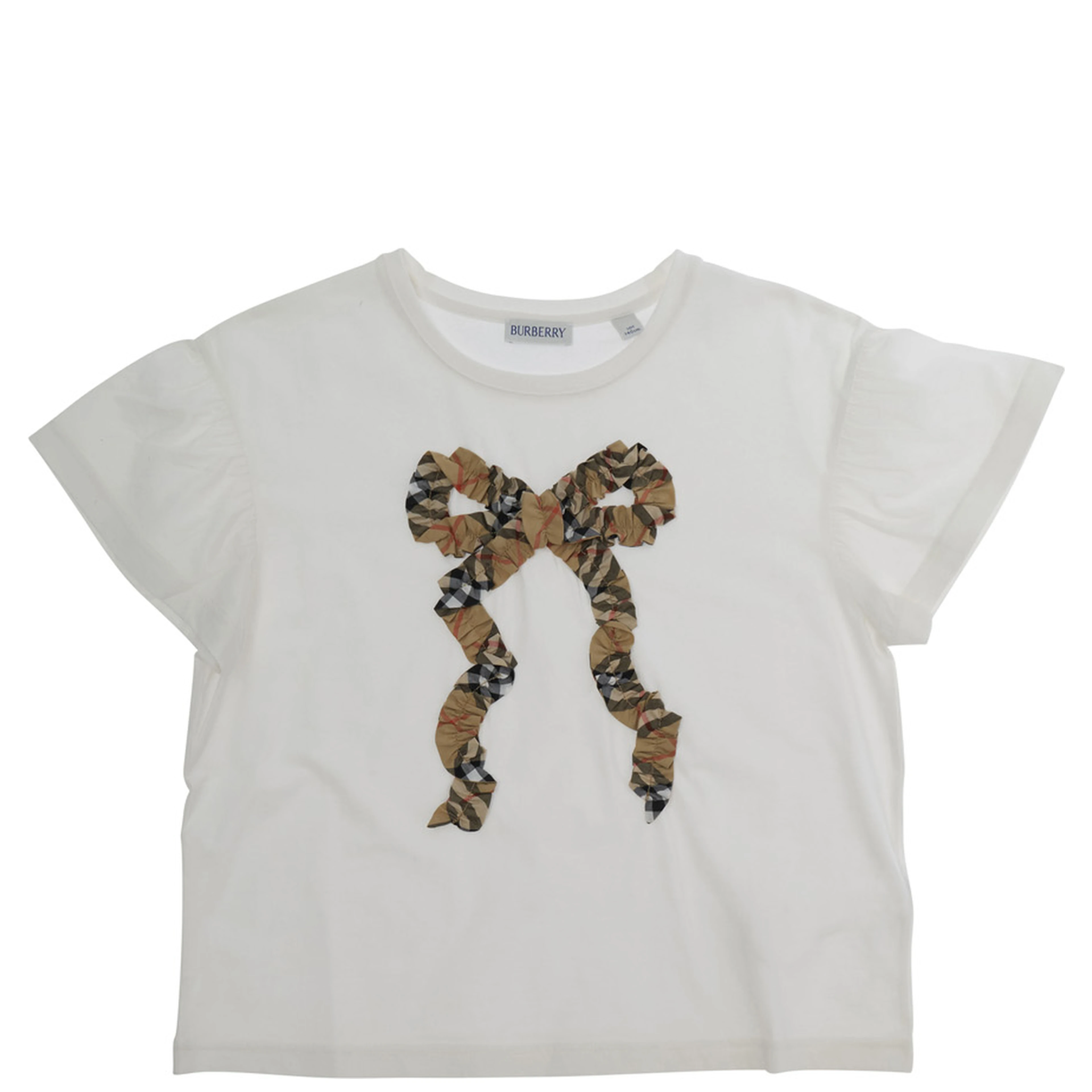 white T-shirt with bow with Check motif embroidered on the front in cotton Girl