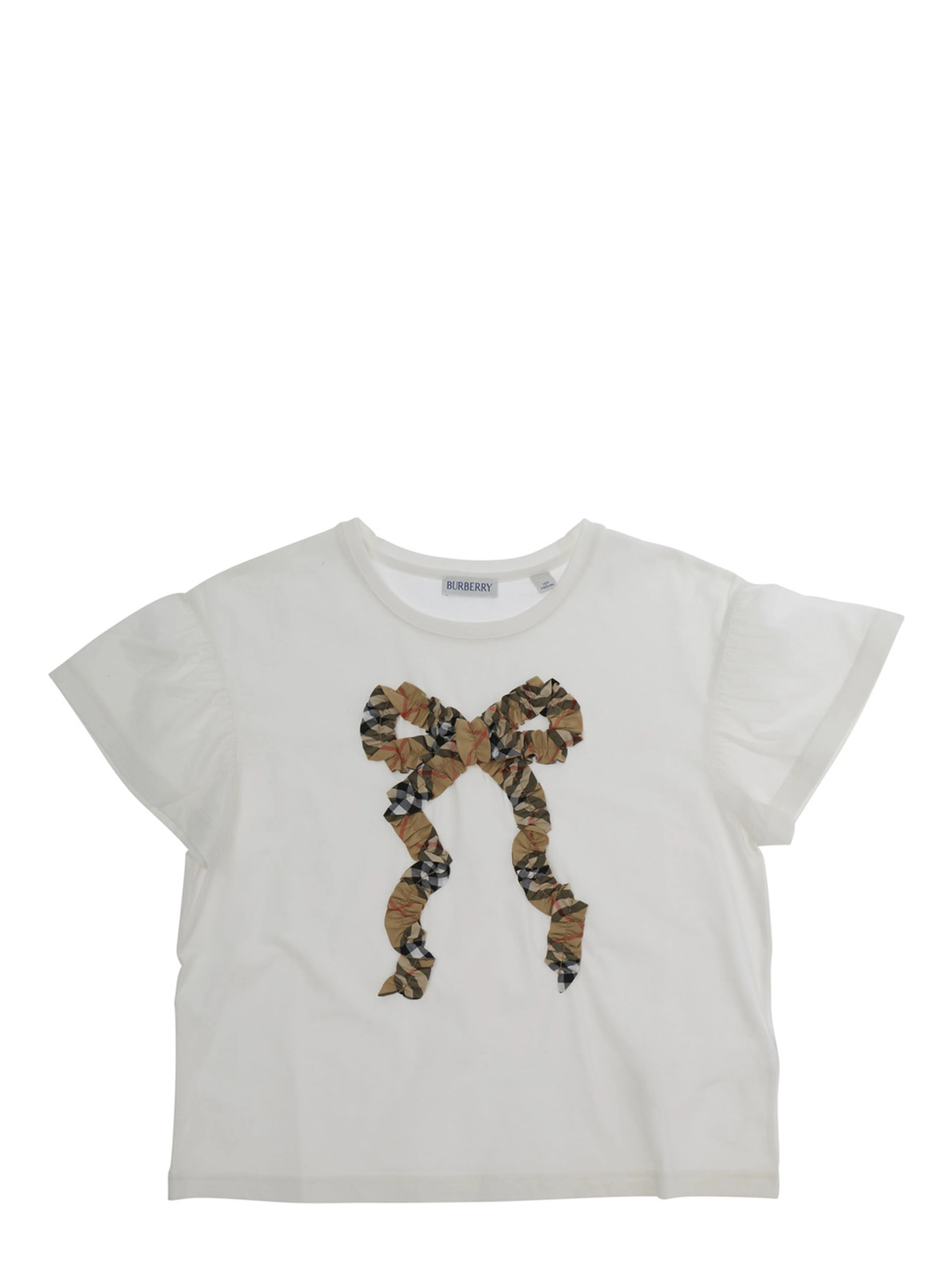 white T-shirt with bow with Check motif embroidered on the front in cotton Girl