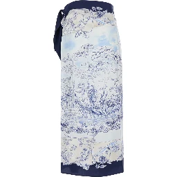 Blue Wraparound Skirt with Drawstring Waist Closure and All-Over Print in Silk for Women