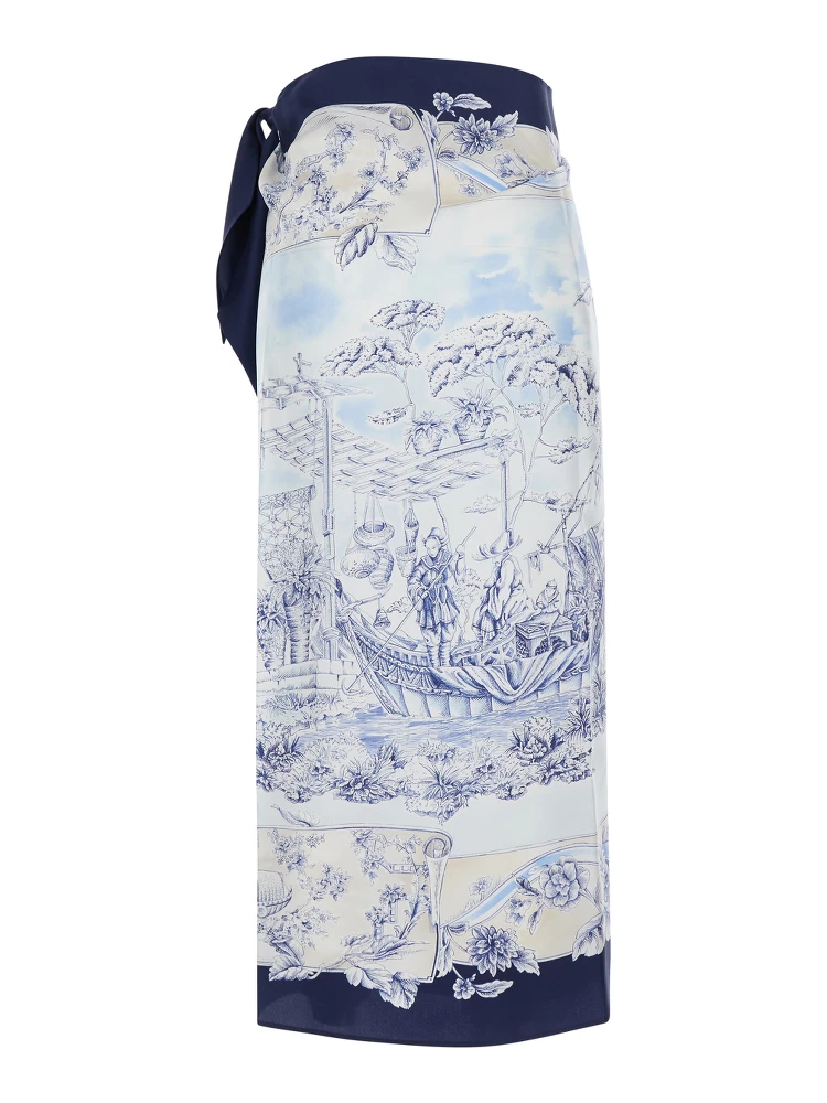 Blue Wraparound Skirt with Drawstring Waist Closure and All-Over Print in Silk for Women alternative