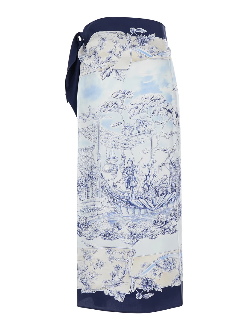 Blue Wraparound Skirt with Drawstring Waist Closure and All-Over Print in Silk for Women