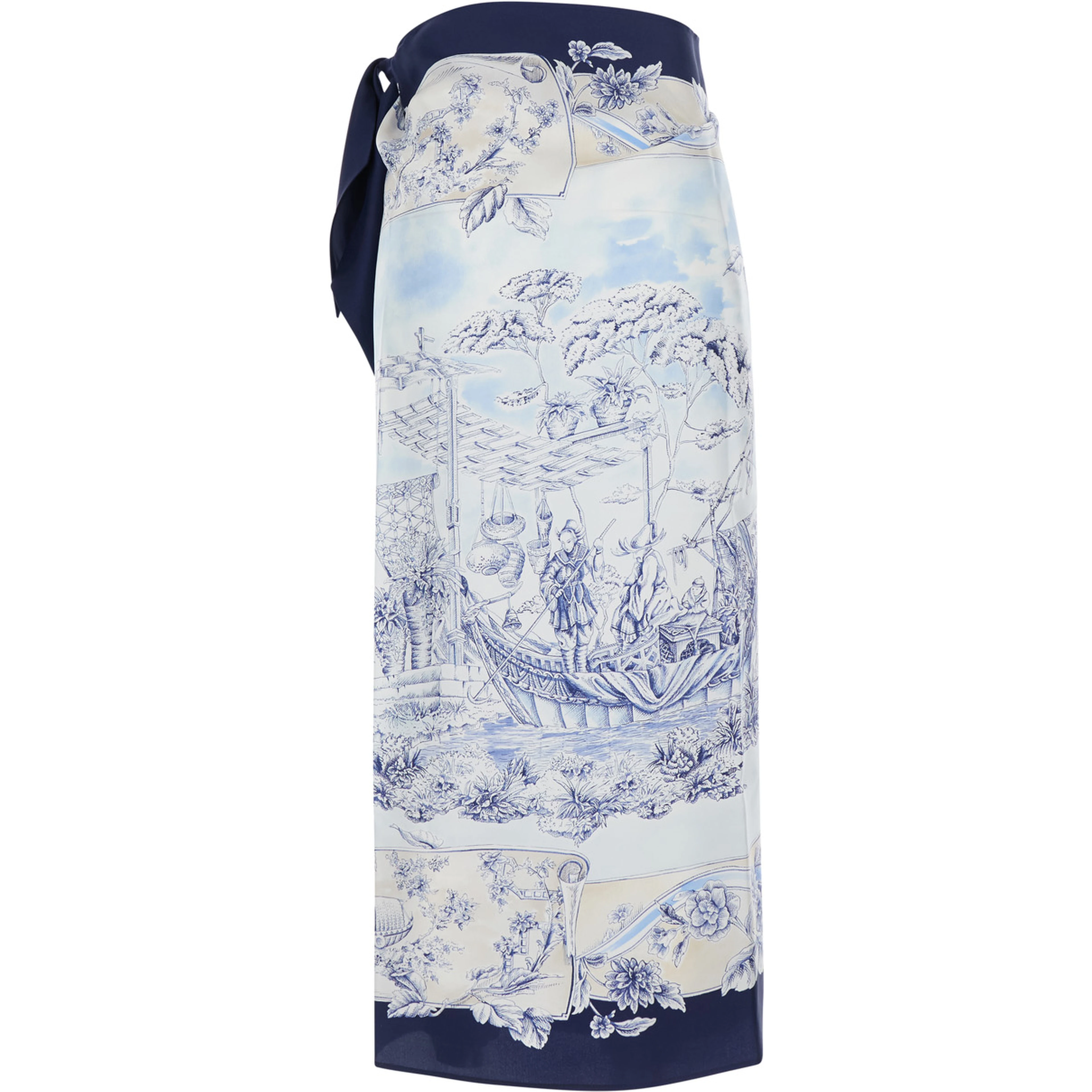 Blue Wraparound Skirt with Drawstring Waist Closure and All-Over Print in Silk for Women