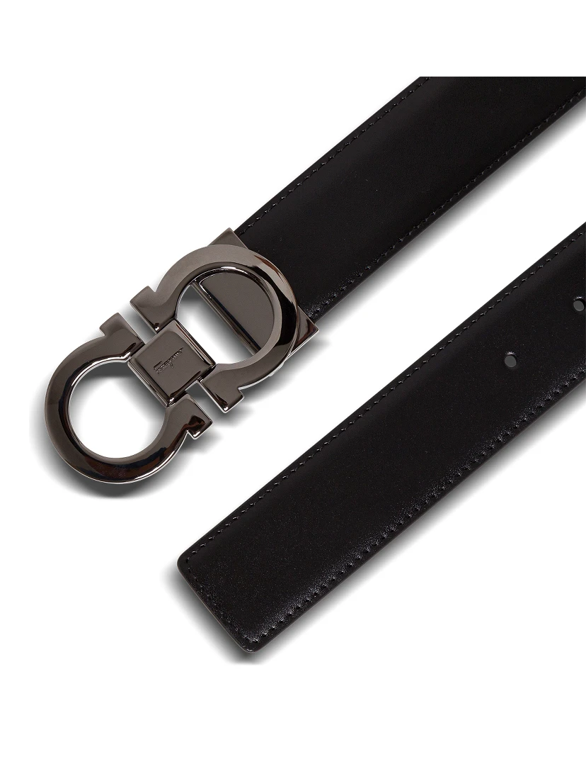Reversible Belt with Gancini Buckle on the Front in Black Leather for Men