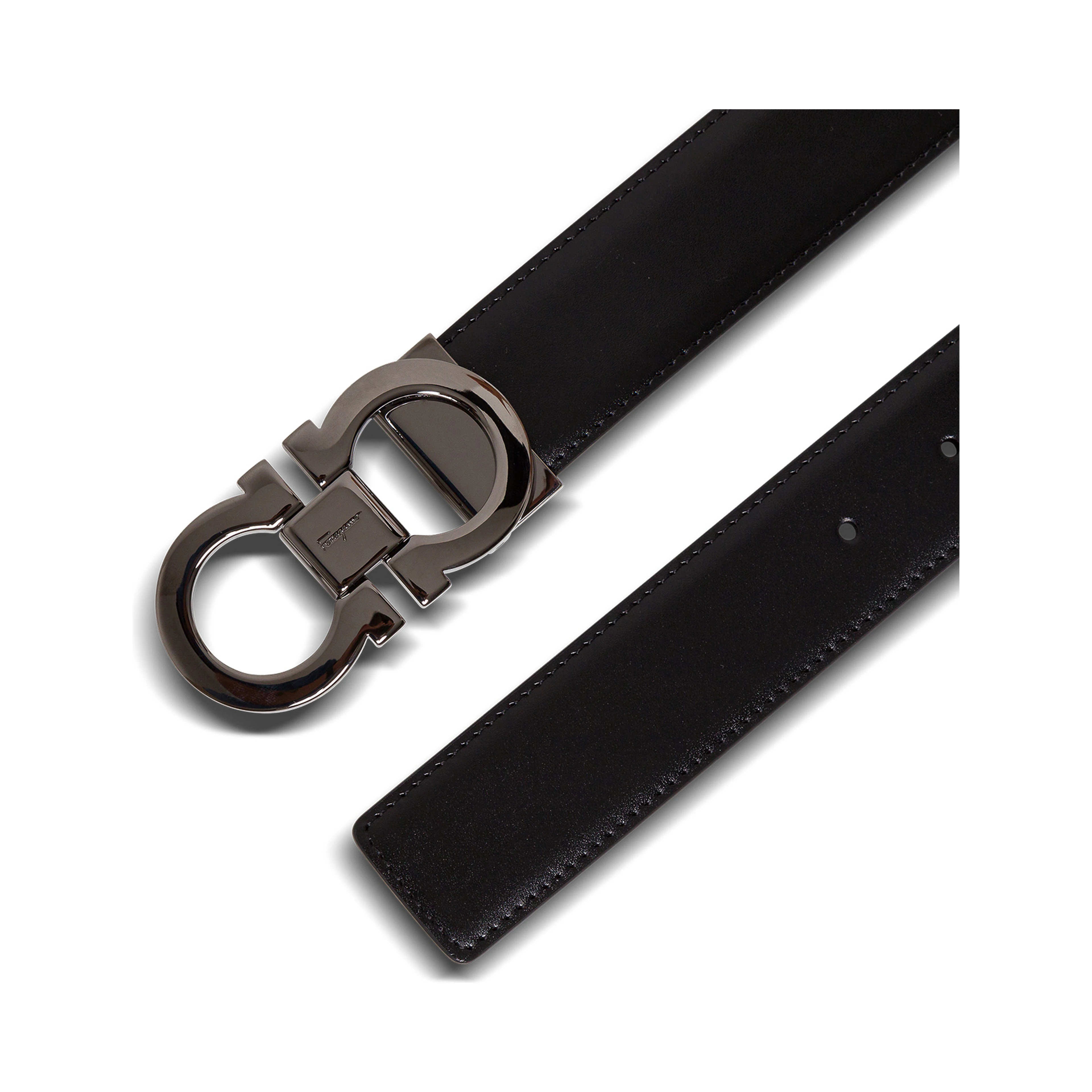 Reversible Belt with Gancini Buckle on the Front in Black Leather for Men