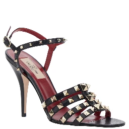 Black Heeled sandals with Rockstud embellishment and high heel in leather for women