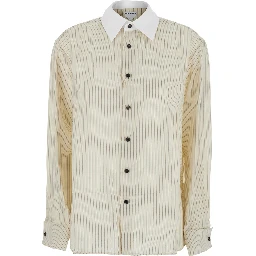 beige Shirt with pointed collar and all-over stripes in viscose blend for women