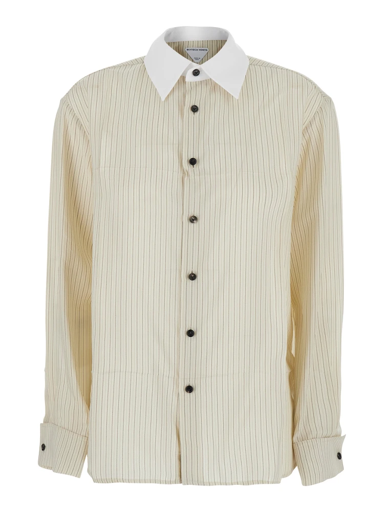 beige Shirt with pointed collar and all-over stripes in viscose blend for women