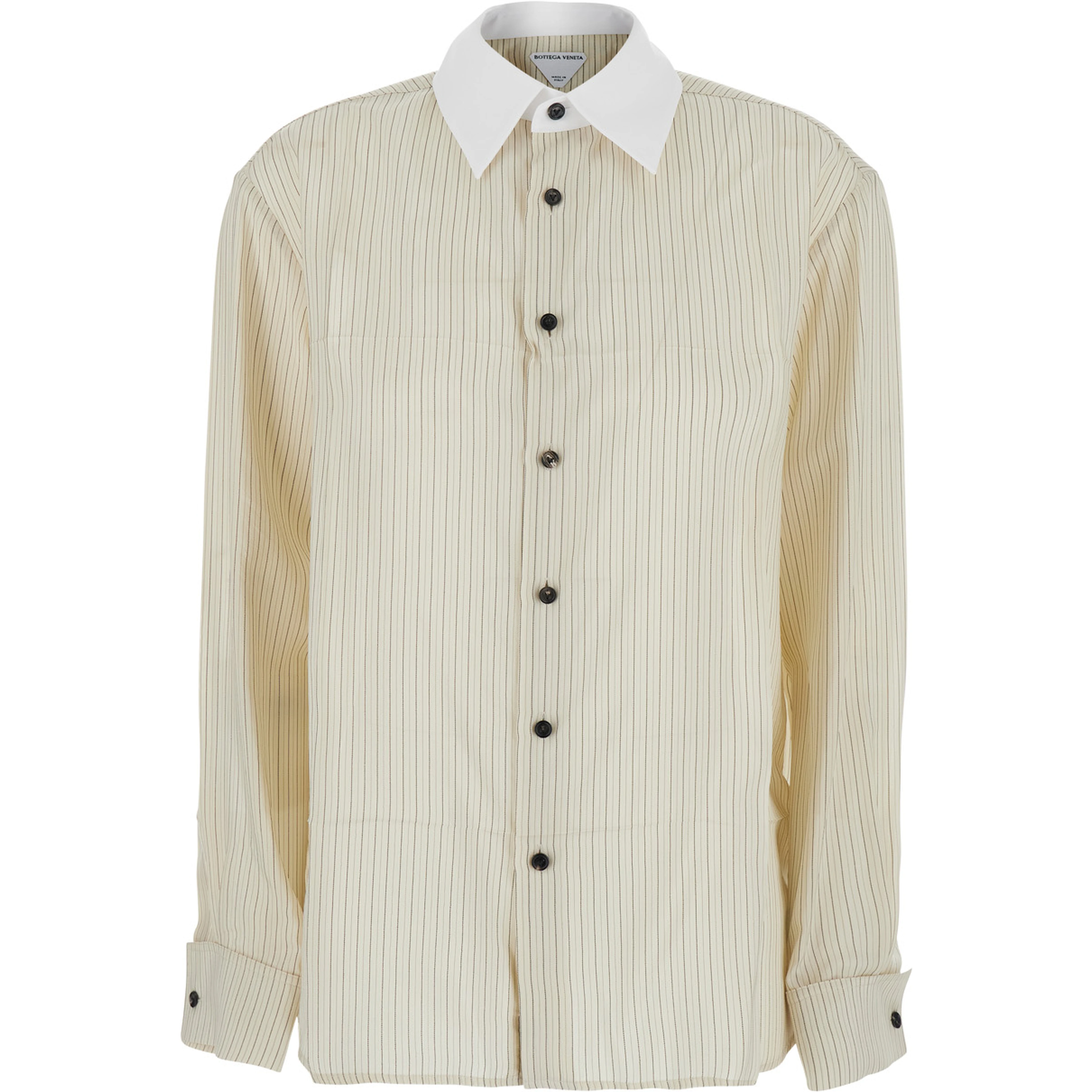 beige Shirt with pointed collar and all-over stripes in viscose blend for women