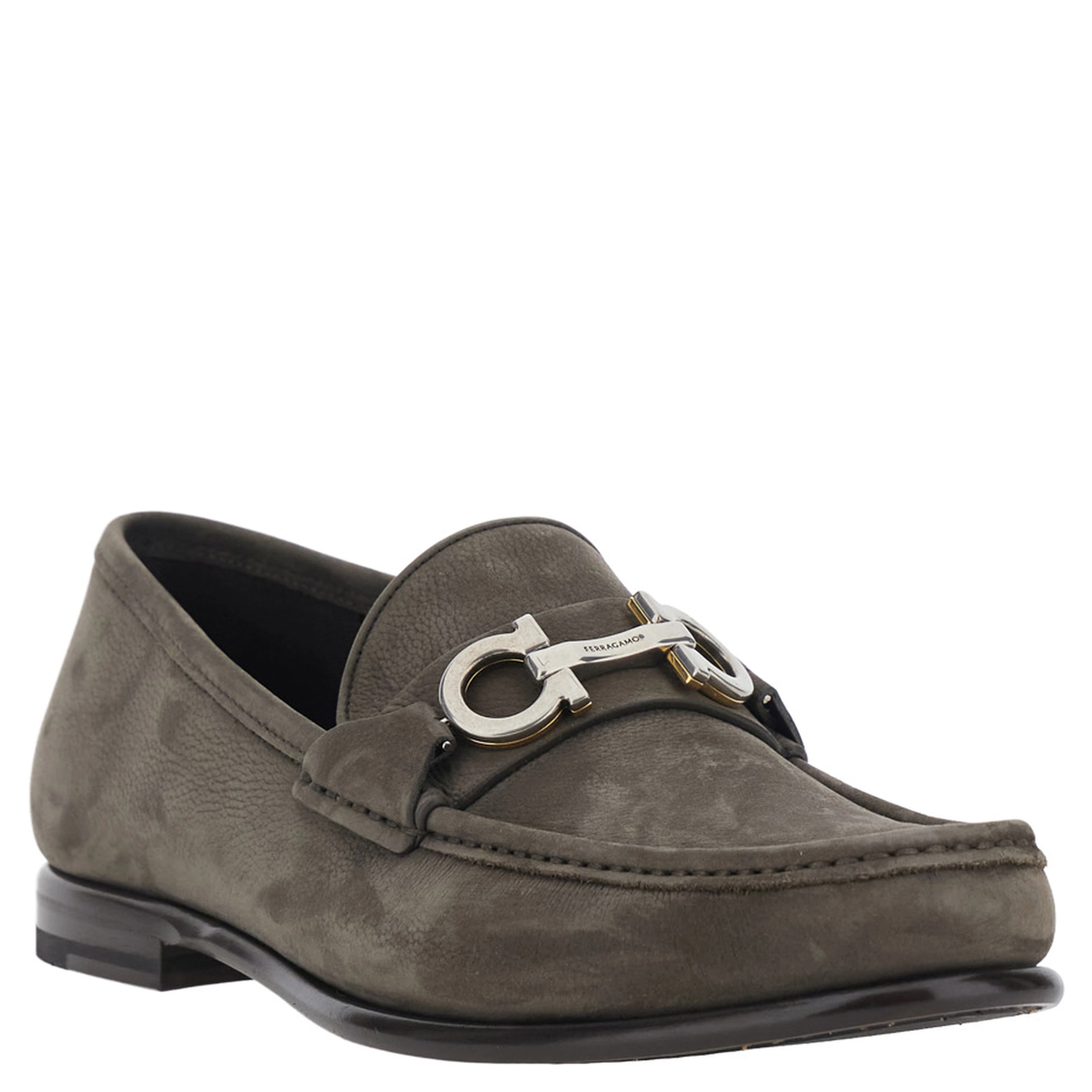 Avril Grey Loafers with Gancini plaque on the front in  leather for men