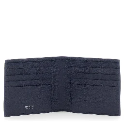 Micro Gancini Blue Bi-Fold Wallet with Logo in Grained Leather Men