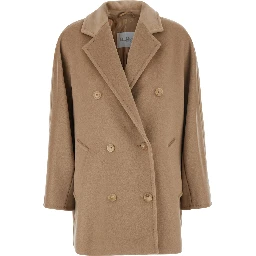 Rebus Beige Short Double-Breasted Coat with Notched Revers in Wool and Cashmere for Women